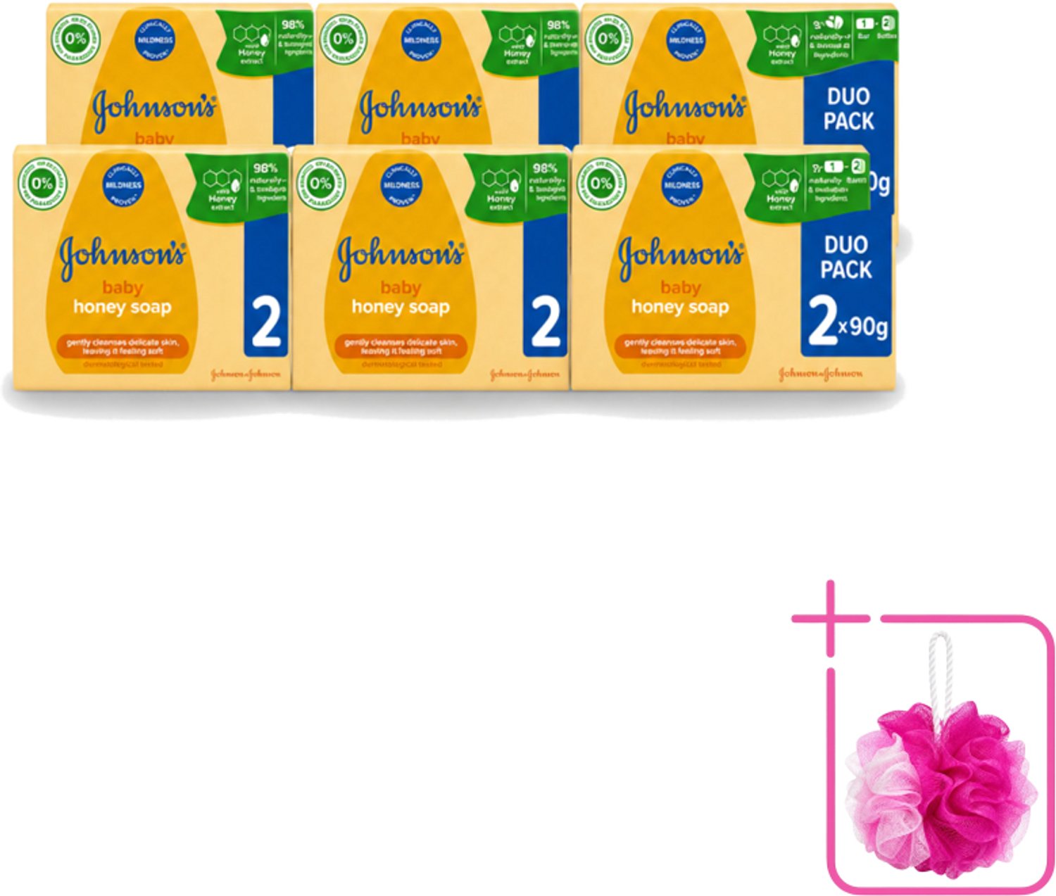 6 x Johnson's - Baby Honey Soap - Zacht - Reinigt Gevoelige Huid - 2 x 90 g - Bulkverpakking - Babyhuid reinigen - Douchemop - Honing zeep