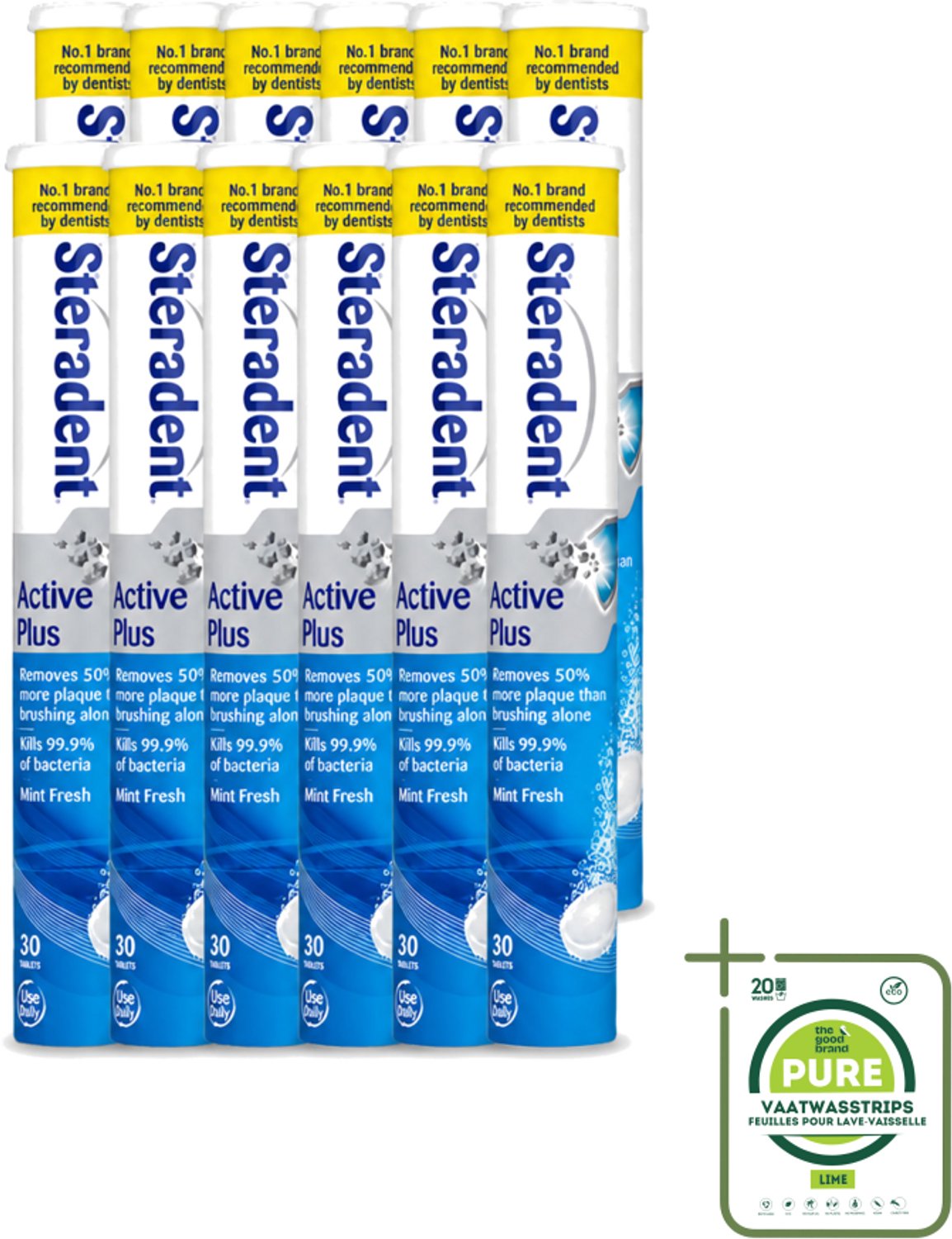 12 x Steradent - Reinigingstabletten - Active Plus - Tegen Tandsteen & Bacteriën - 30 Tabletten - Grootverpakking - Vaatwasstrips - Kunstgebit Reinigen - Tandsteen Verwijderen - Mondhygiëne - Bacteriën Doden - Adem Verfrissen
