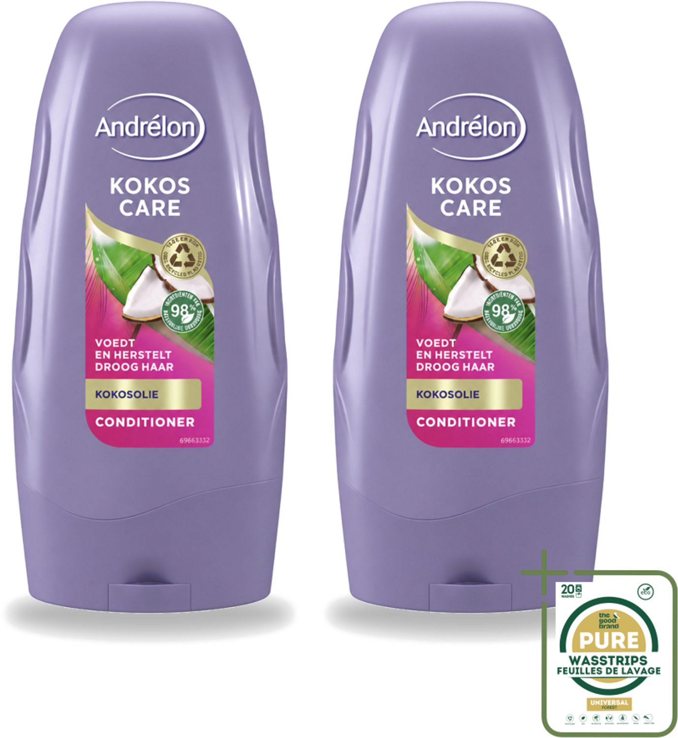 2 x Andrélon - Kokos Care - Conditioner - Diepe Hydratatie - 250 ml - Wasstrips - Droog Haar - Beschadigd Haar - Kokosolie - Kokosmelk - Hydraatatie