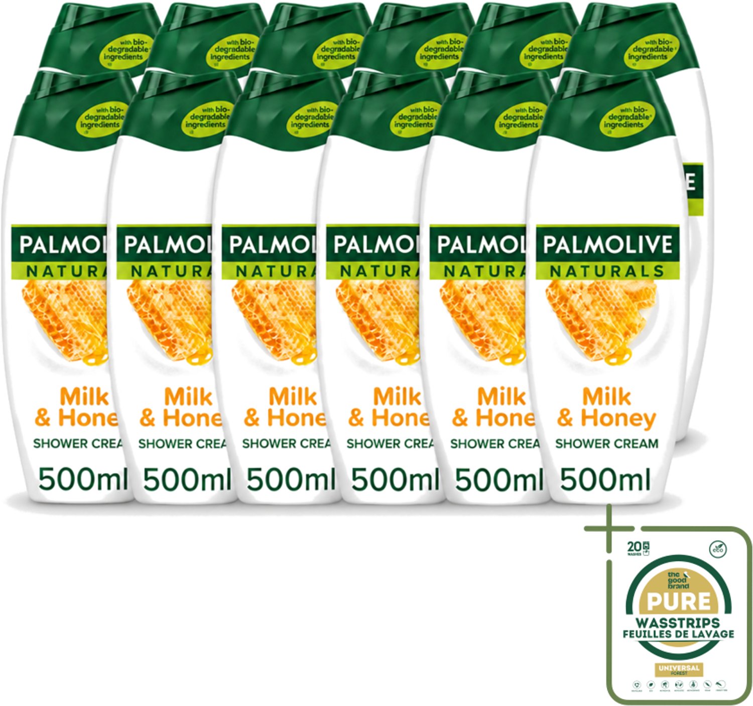 12 x Palmolive Naturals - Douchecrème - Melk & Honing - 500 ml - Wasstrips - Douchecrème Melk Honing - Natuurlijke Douchegel - Melk En Honing - Hydraterende Douchegel - Verzorgende Douchegel