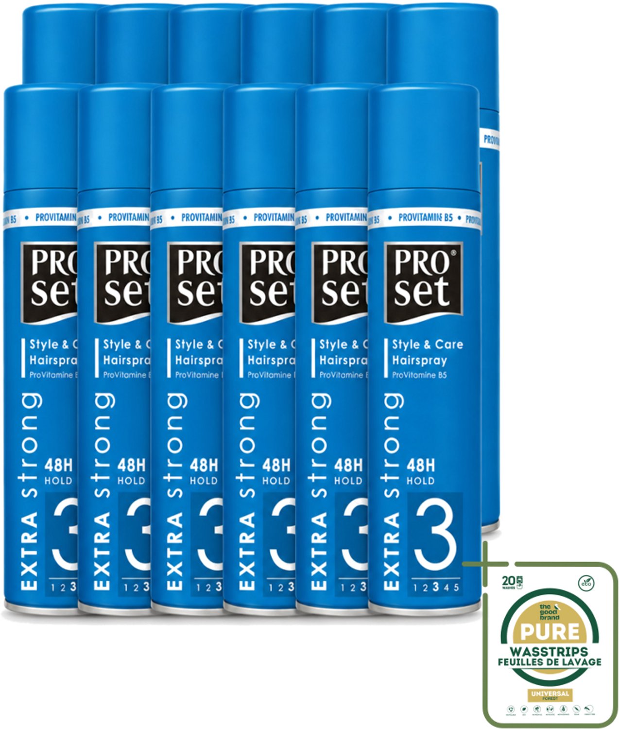 12 x Proset - Haarspray - Extra Sterk - 48 uur Werking - 300 ml - Wasstrips - Haarspray - 48 Uur Fixatie - Extra Sterk Haarspray - Haarspray Met Vitaminen - Haarspray Voor Langdurige Fixatie