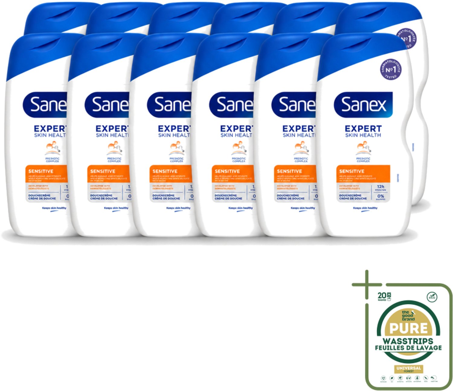 12 x Sanex - Douchegel - Expert Skin Health Sensitive - Voor Gevoelige Huid - 400 ml - Wasstrips - Gevoelige Huid - Douchegel - Huidverzorging - Milde Reiniging - Hydratatie