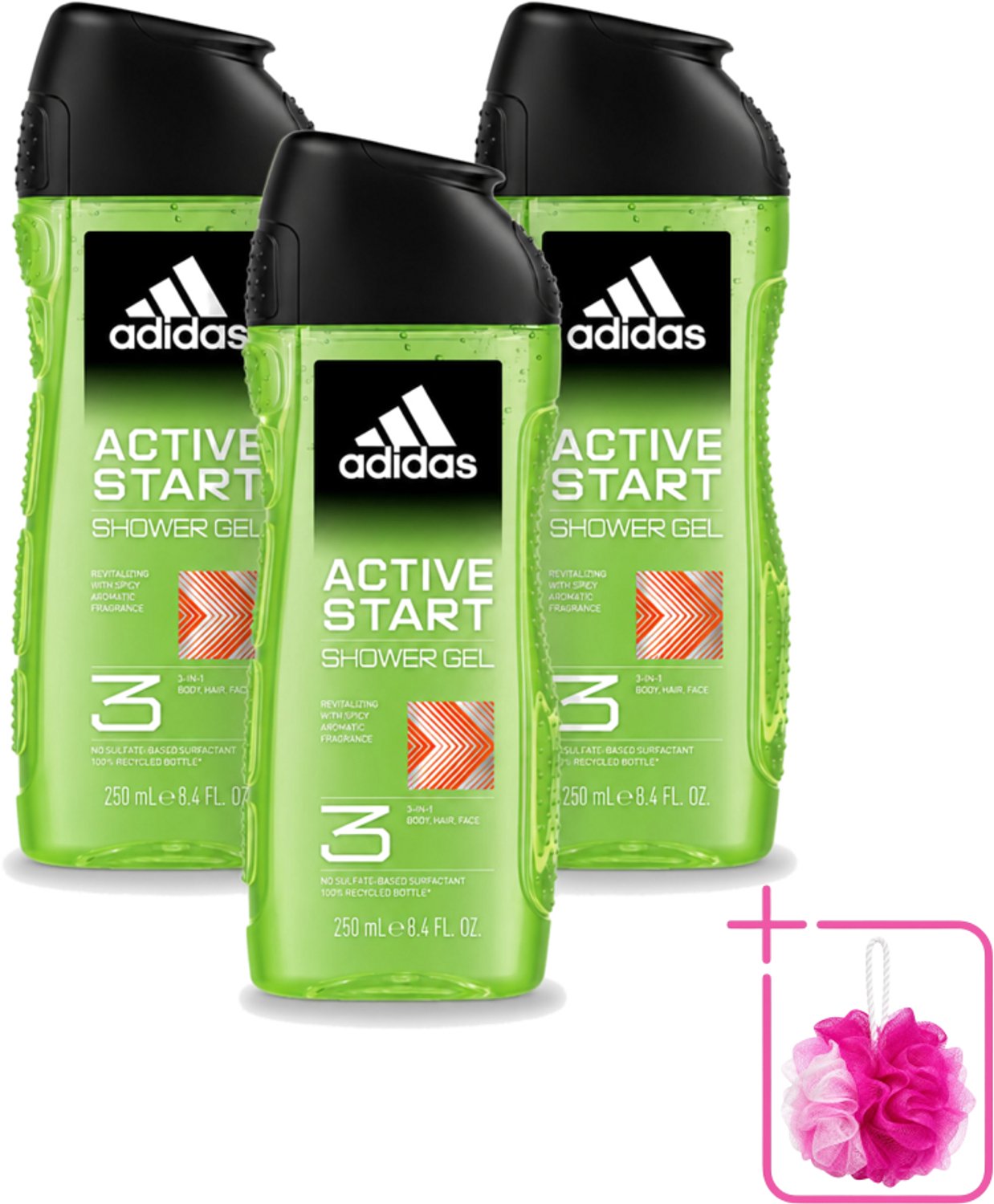 3 x Adidas - 3-in-1 Douchegel - Active Start - Kruidige Geur - Gerecyclede Verpakking - 250 ml - Bulkverpakking - Douchegel - Douchemop - 3-in-1