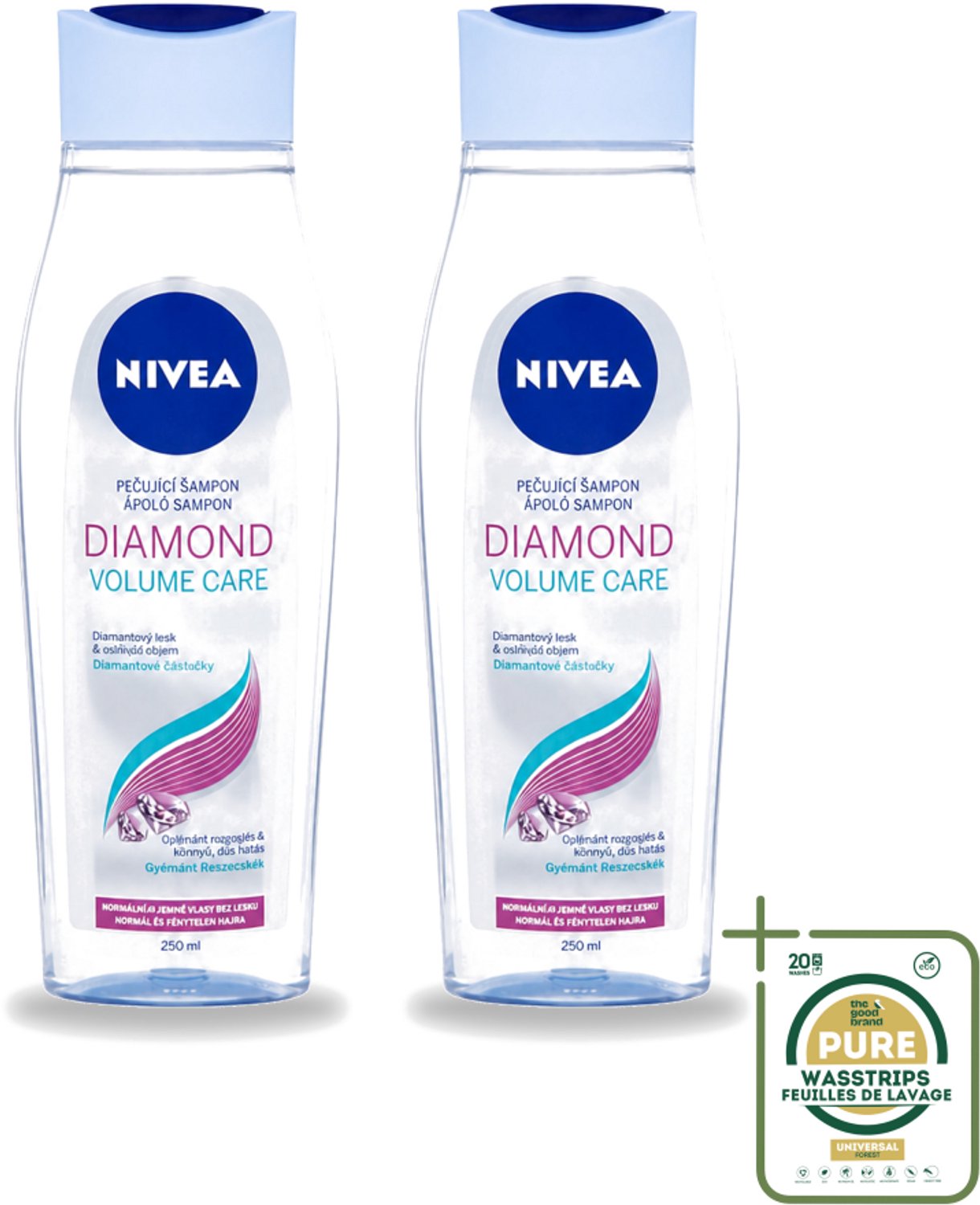 2 x Nivea - Diamond Volume Care Shampoo - 250 ml - Wasstrips - Volume - Glans - Diamantpoeder - Haar Verzorging - Haar Reinigen