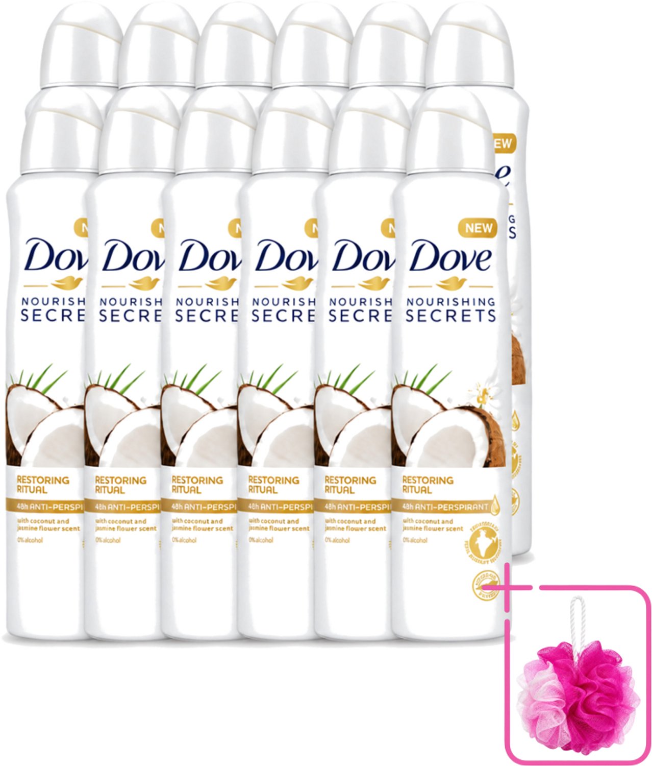 12 x Dove - Deodorant - Coconut & Jasmine Flower - Tropisch en verzorgend - 250 ml - Bulkverpakking - Deodorant spray - Douchemop - Kokos en jasmijn