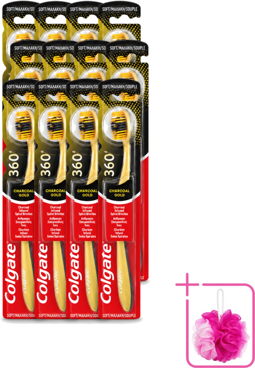 12 x Colgate - Tandenborstel - 360 Charcoal Gold Soft - Zwart/Goud - 1 Tandenborstel - Bulkverpakking - Tandenborstel - Douchemop - Houtskool