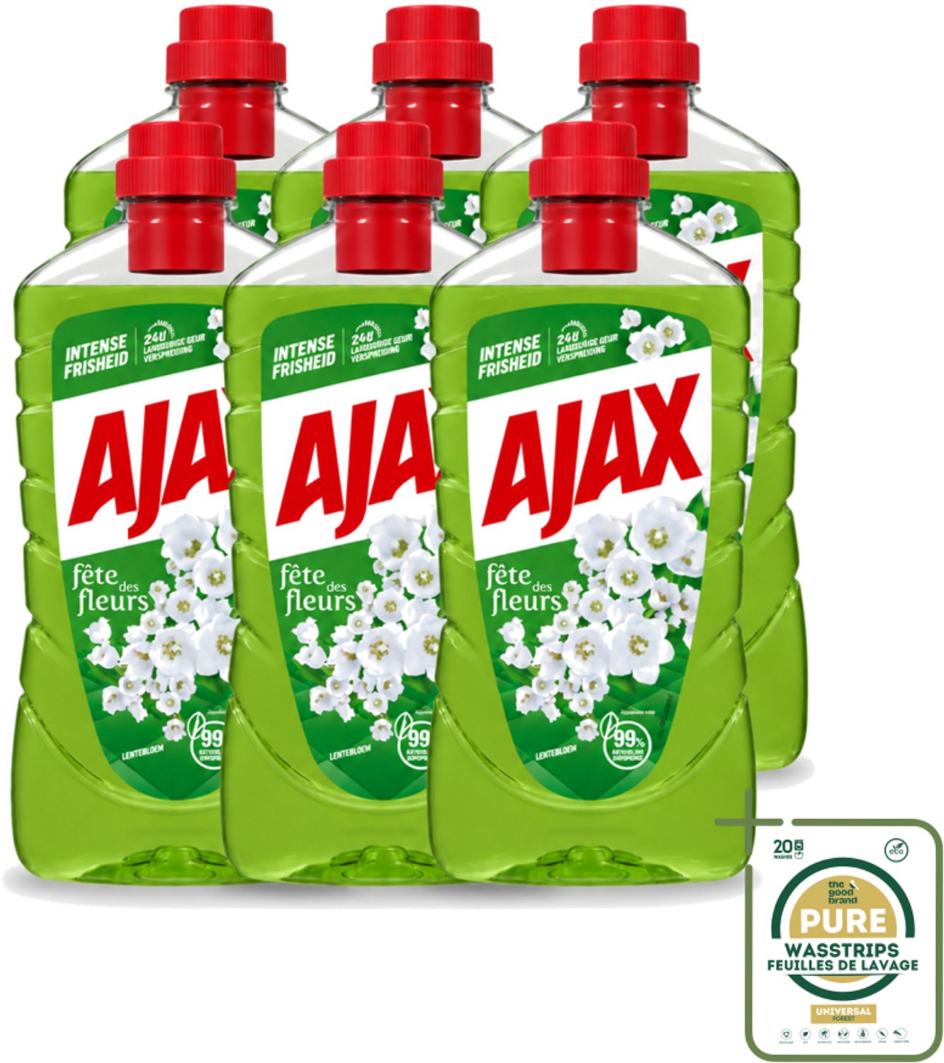 6 x Ajax - Allesreiniger - Fête des Fleurs - Lentebloem - Met Essentiële Oliën - 1 L - Wasstrips - Allesreiniger - Reinigingskracht - Frisheid - Natuurlijke Geur - Essentiële Oliën