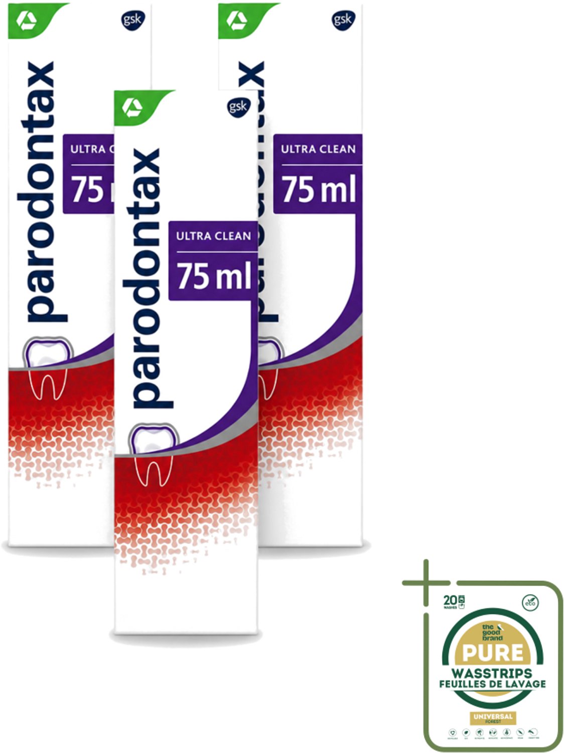 3 x Parodontax – Tandpasta – Ultra Clean – 75 ml - Wasstrips - Tandpasta - Tandplak - Tandvlees - Bloedend Tandvlees - Fluoride