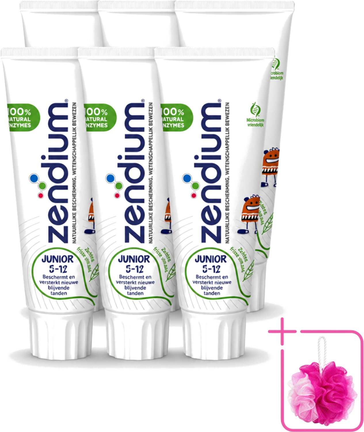 6 x Zendium - Junior 5-12 Jaar - Tandpasta - Natuurlijke Enzymen - 75 ml - Bulkverpakking - Tandpasta voor kinderen - Douchemop - Melktanden beschermen
