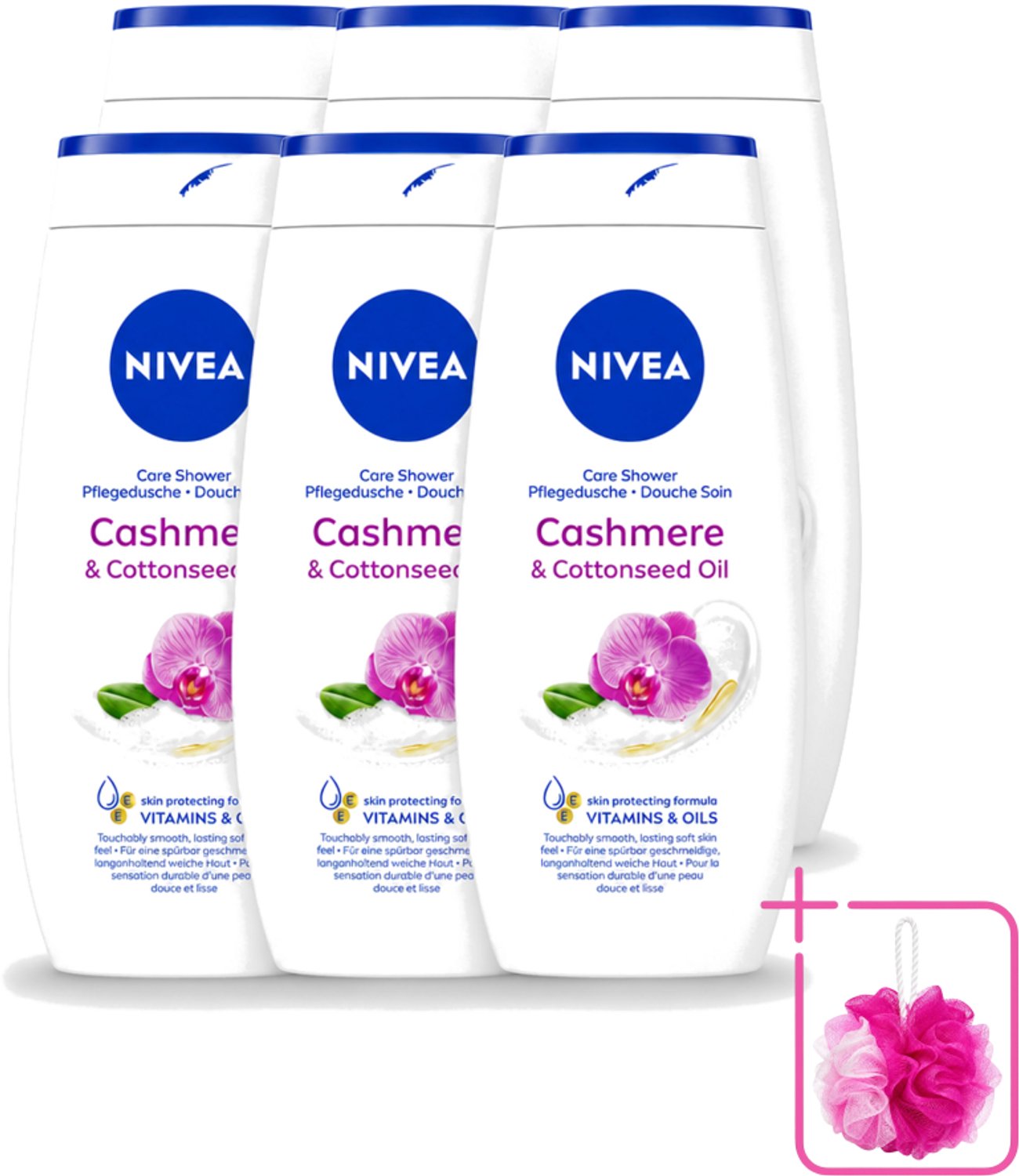 6 x Nivea - Douche Cashmere Moments - Beschermend - 250 ml - Bulkverpakking - Douchegel cashmere - Douchemop - Beschermende douchegel