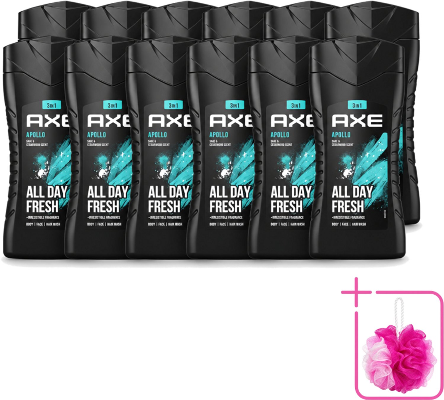 12 x Axe - 3-in-1 Douchegel - Apollo - Sage & Cedarwood - 250 ml - Bulkverpakking - Douchegel - Douchemop - Mannelijke geur