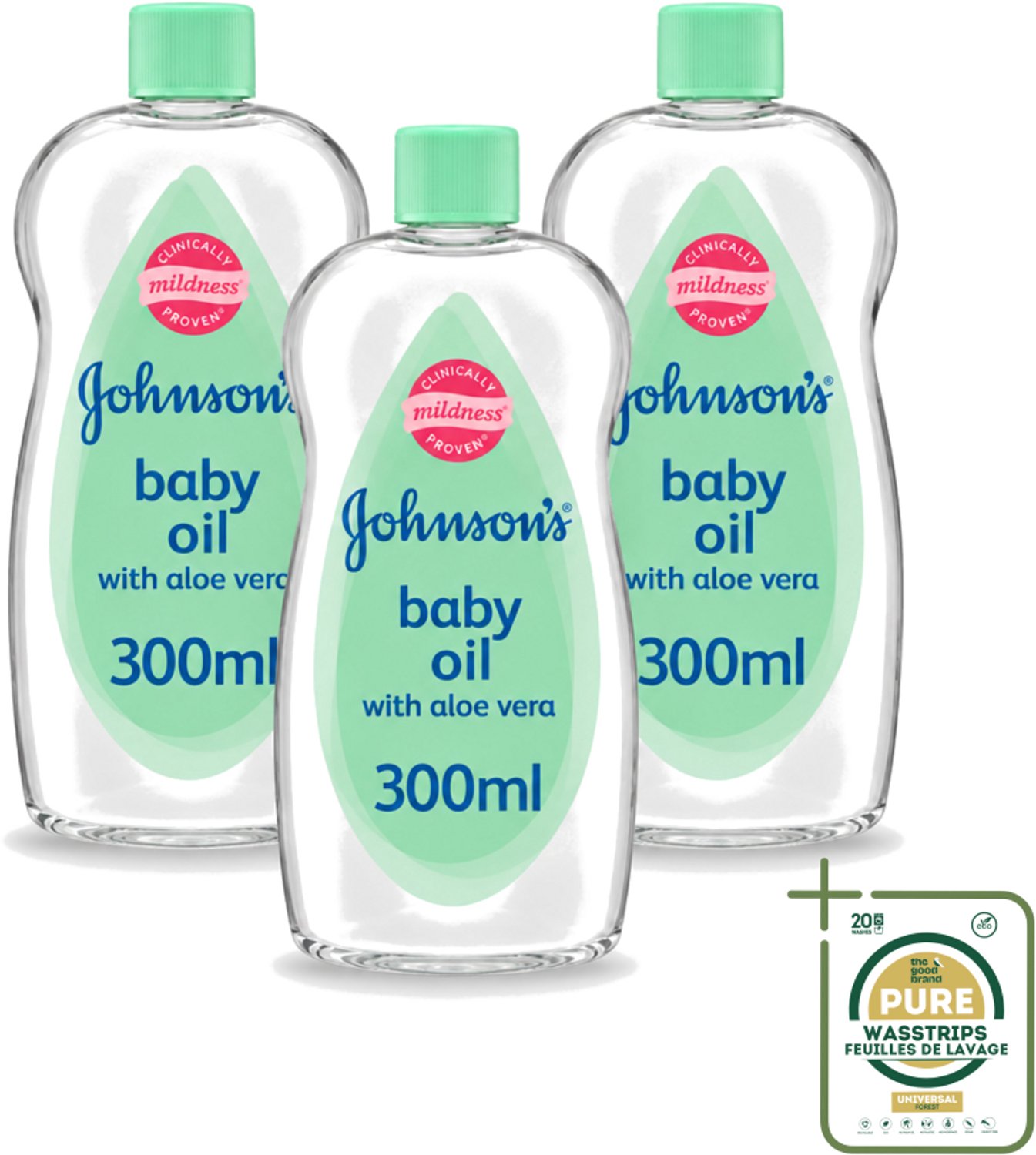 3 x Johnson's - Baby Olie - Aloe Vera - 300 ml - Wasstrips - Babyolie - Aloe Vera - Babyhuid Verzorging - Melkkorst Verwijderen - Hydraterende Olie