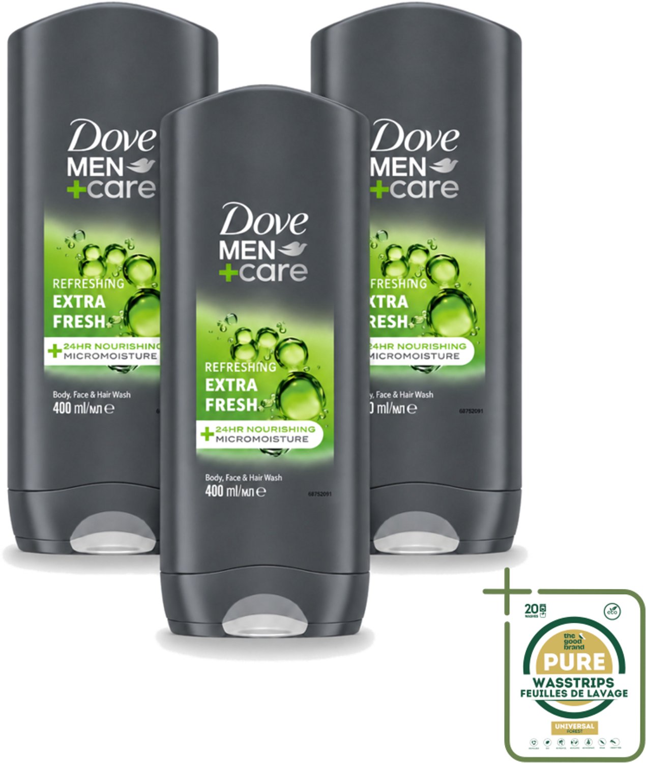 3 x Dove - Douchegel - Men+ Care Extra Fresh - Verfrissend - 400 ml - Wasstrips - Douchegel Mannen - Reiniging Mannenhuid - Frisse Geur - Energie Gevoel - Milde Douchegel