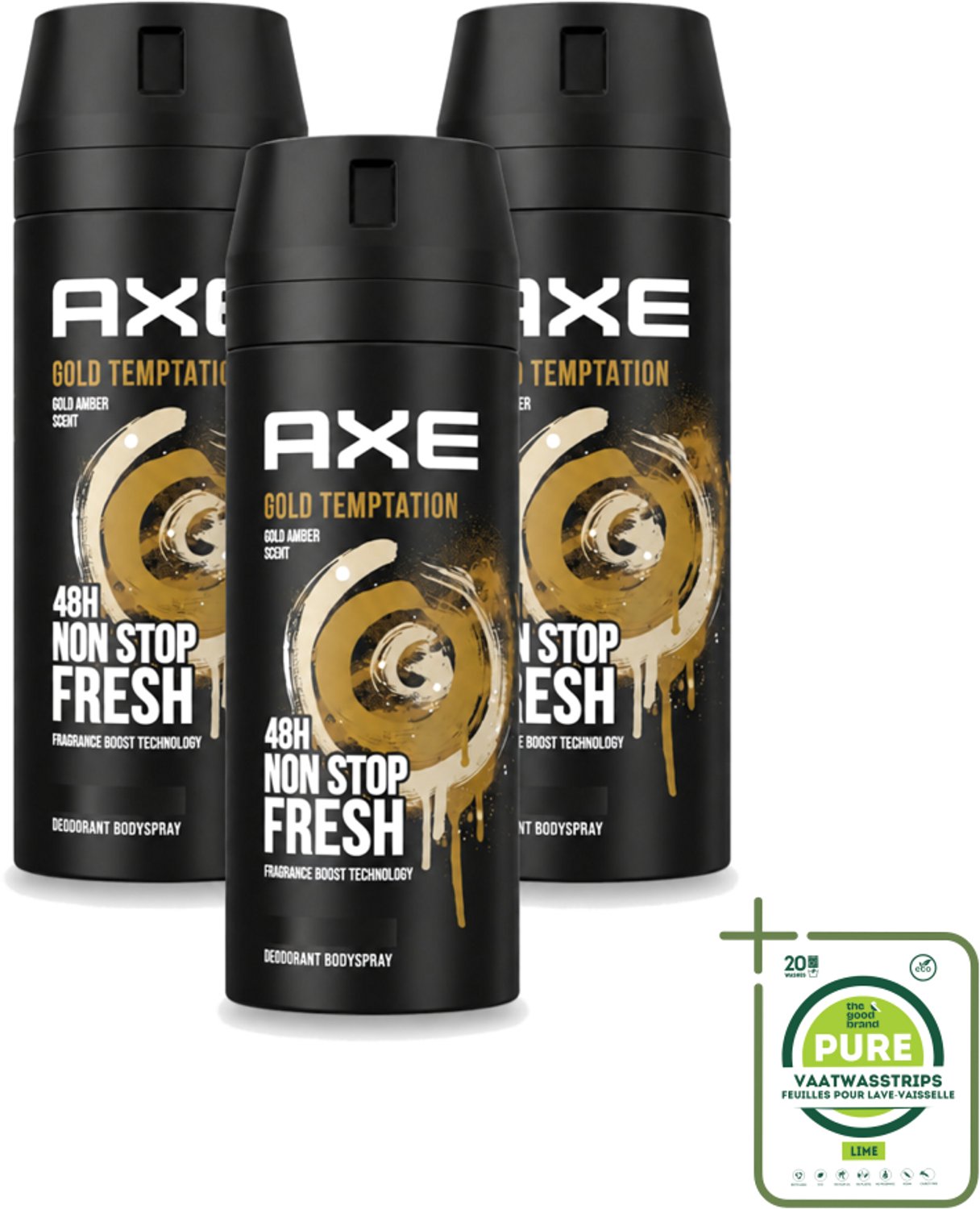 3 x Axe - Deodorant Bodyspray - 48hrs Non Stop Fresh - Gold Temptation - Gold Amber - 150 ml - Grootverpakking - Deodorant - Bodyspray - Frisheid - Geur - Geurbescherming