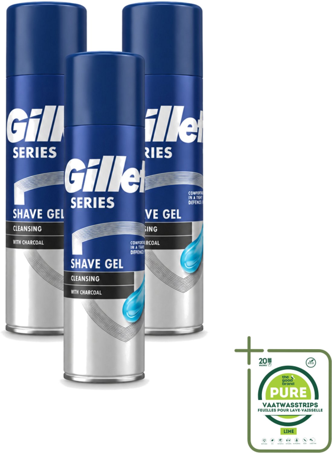 3 x Gillette Series - Scheergel - Cleansing - Charcoal - Verfrissend en reinigend - 200 ml - Grootverpakking - Vaatwasstrips - Scheergel - Houtskool - Menthol - Reinigen - Schuim