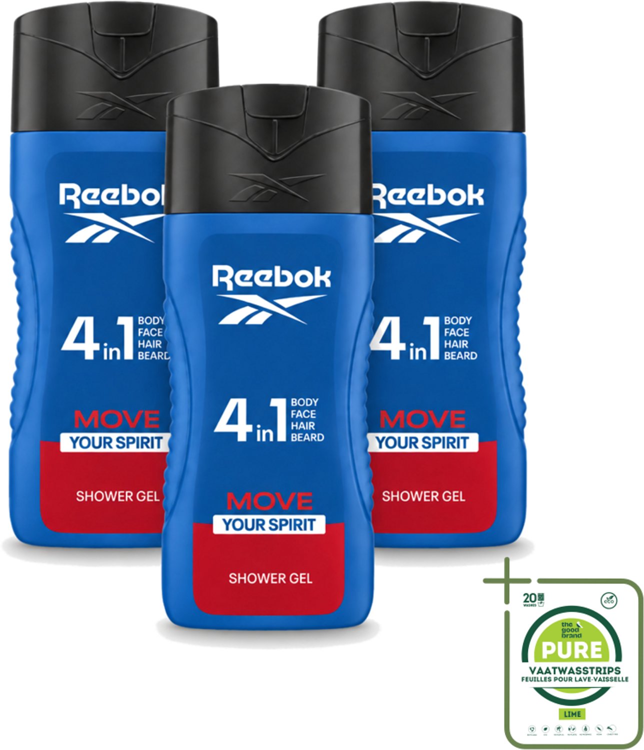 3 x Reebok - Move Your Spirit - Douchegel - 4 in 1 - 400 ml - Grootverpakking - Vaatwasstrips - Douchegel 4 In 1 - Verzorging Lichaam - Verzorging Gezicht - Verzorging Haar - Scheerschuim