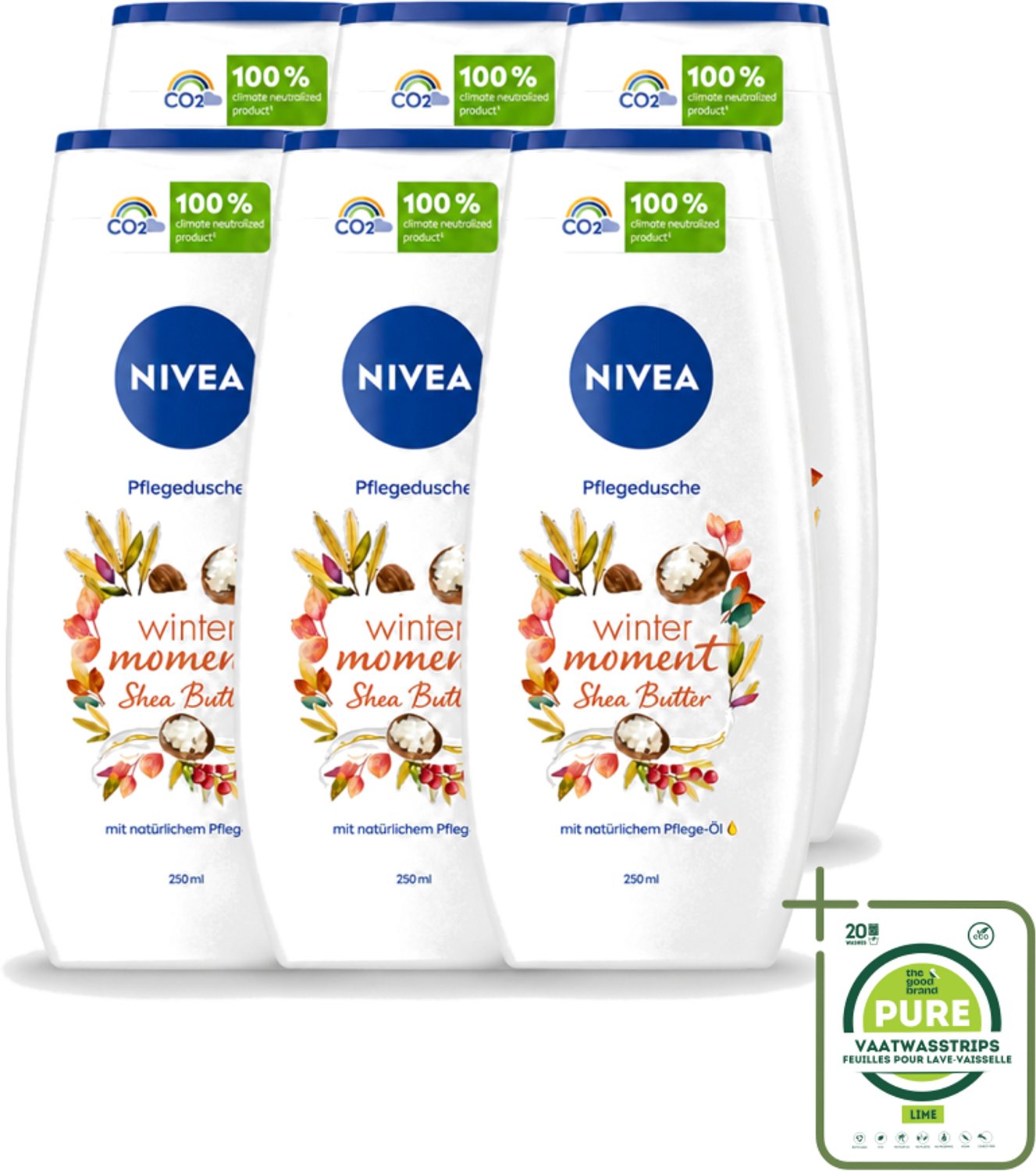 6 x Nivea - Douchegel - Winter Moment Shea Butter - 250 ml - Grootverpakking - Vaatwasstrips - Douchegel Winter - Sheaboter Douchegel - Hydraterende Douchegel - Verzorgende Douchegel - Winterdouchegel