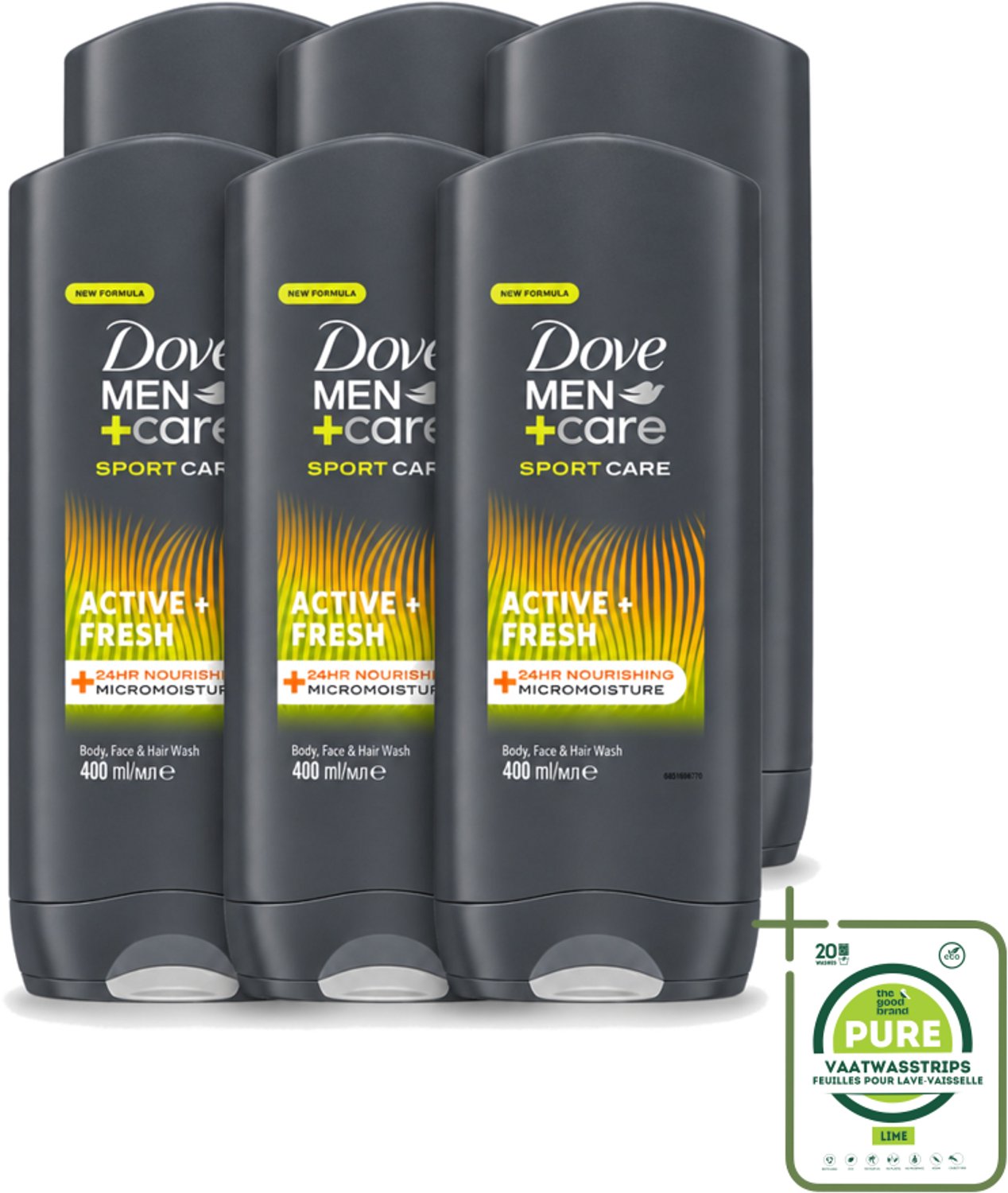 6 x Dove - Douchegel - Men+ Care Active Fresh - Verfrissend en langdurige bescherming - 400 ml - Grootverpakking - Vaatwasstrips - Douchegel - Frisse Geur - Actieve Mannen - Energie - Huidverzorging