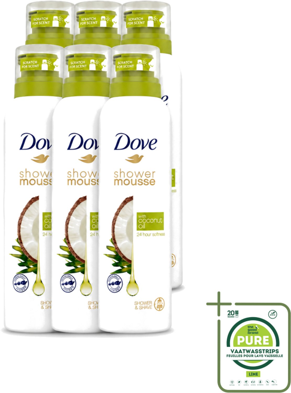 6 x Dove - Douchemousse - Coconut Oil - Voedend en verzorgend - 200 ml - Grootverpakking - Vaatwasstrips - Douche Mousse - Kokosolie - Huid Verzorging - Scheren - Schuim