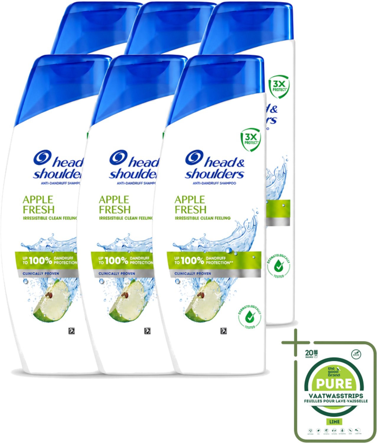6 x Head & Shoulders - Shampoo - Apple Fresh - 250ml - Grootverpakking - Vaatwasstrips - Roosvrij Haar - Fris Haar - Appelgeur - Hoofdhuid Verzorging - Anti-roos Shampoo