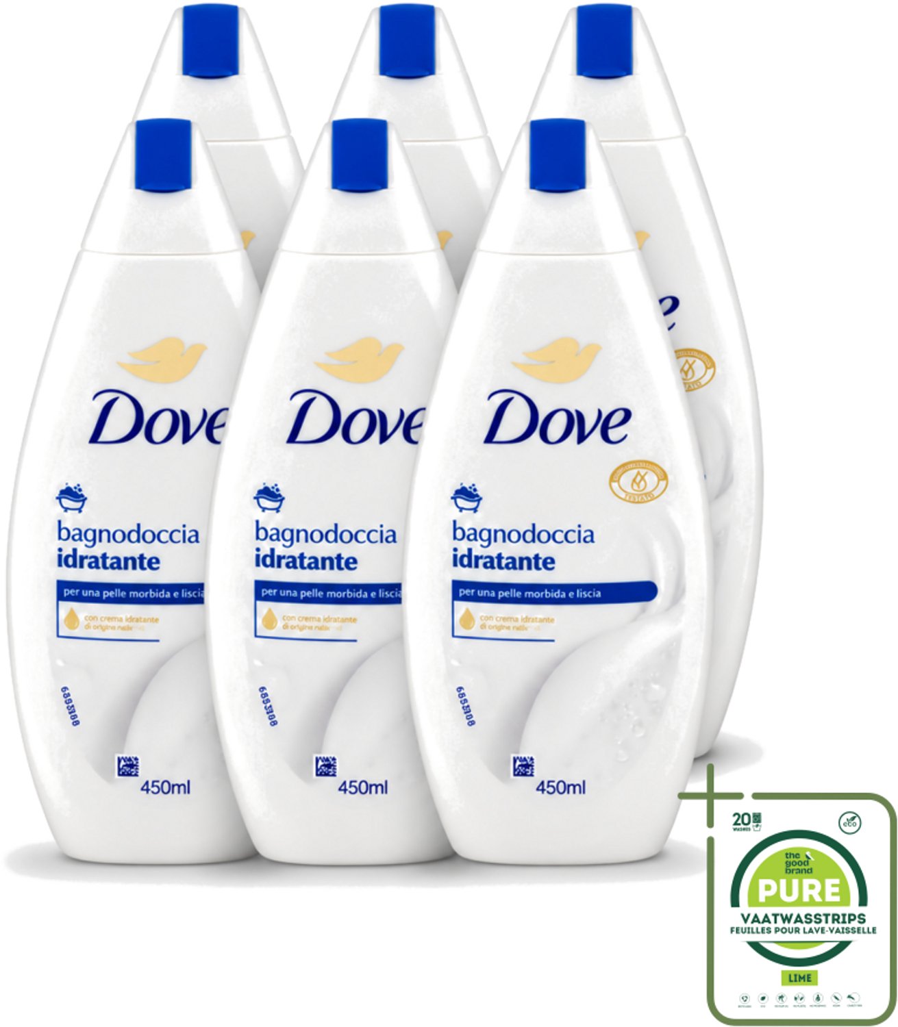 6 x Dove – Douchegel – Hydraterend – 450 ml - Grootverpakking - Vaatwasstrips - Douchegel Hydraterend - Huid Verzorging - Zachte Huid - Milde Douchegel - Huidbarrière