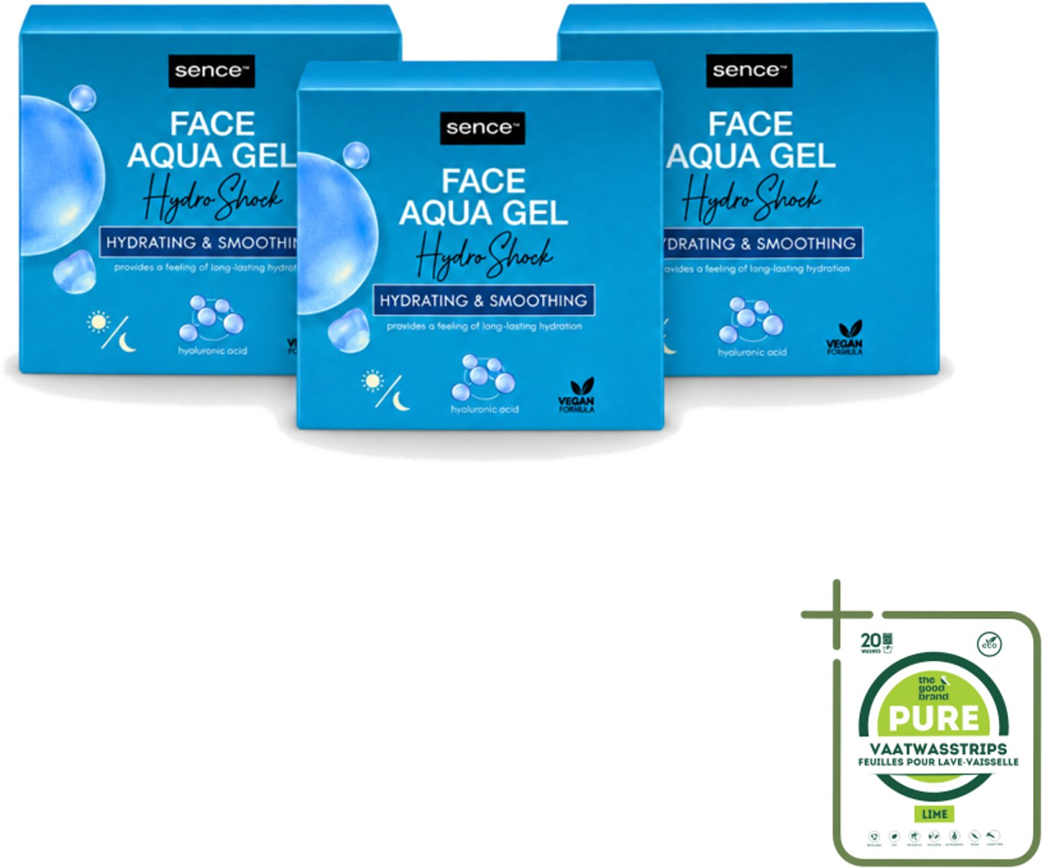 3 x Sence – Dagcrème – Aqua Gel Hydro Shock 2-in-1 – 50 ml - Grootverpakking - Vaatwasstrips - Hyaluronzuur Serum - Hydratatie Serum - Huid Verzorging - Stralende Huid - Fijne Lijntjes Verminderen