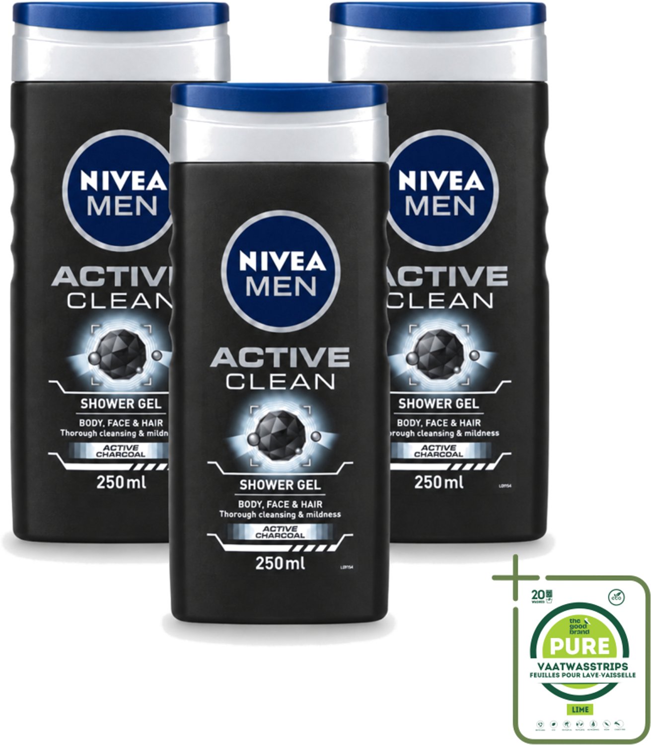 3 x Nivea Men – Douchegel – Active Clean – 250 ml - Grootverpakking - Vaatwasstrips - Douchegel Mannen - Reiniging Huid - Actieve Houtskool - Vuil Verwijderen - Huid Verzorging
