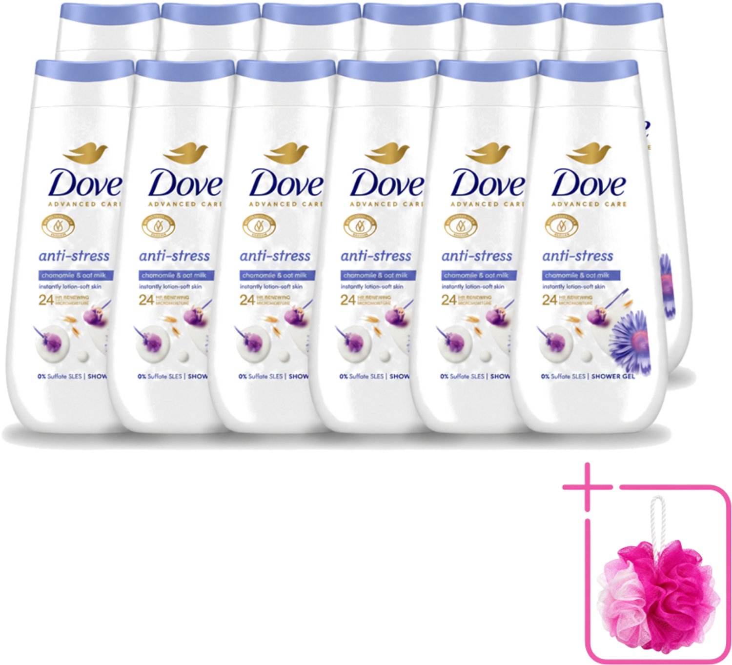 12 x Dove – Douchecrème – Anti-Stress – 225 ml - Bulkverpakking - Douchecrème anti-stress - Douchemop - Ontspannende douchecrème