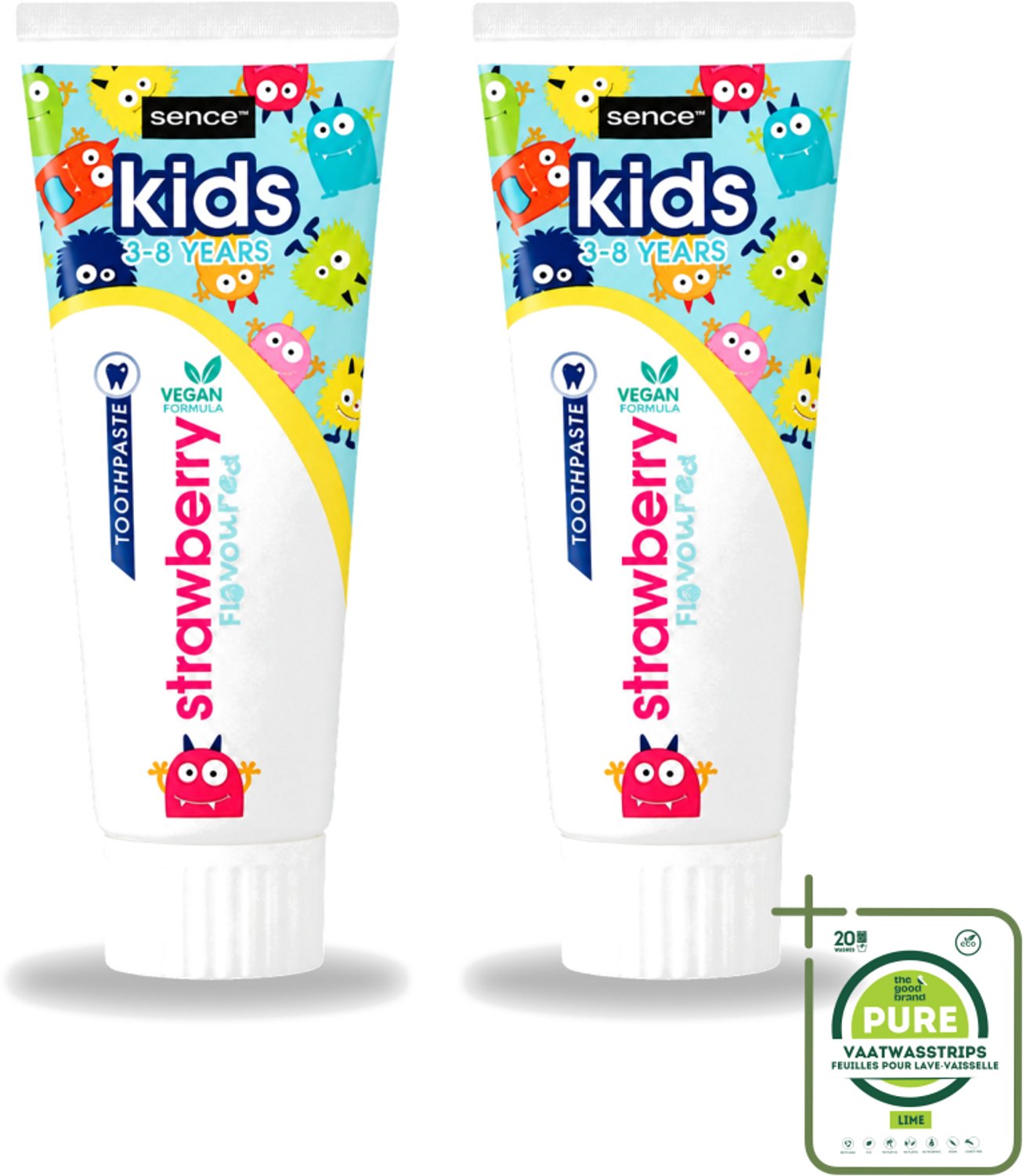 2 x Sence - Kids 3-8 Jaar - Tandpasta - Aardbei Smaak - Vegan - 75 ml - Grootverpakking - Vaatwasstrips - Tandpasta Voor Kinderen - Kindertandpasta - Aardbei Tandpasta - Vegan Tandpasta - Tandenpoetsen Voor Kinderen