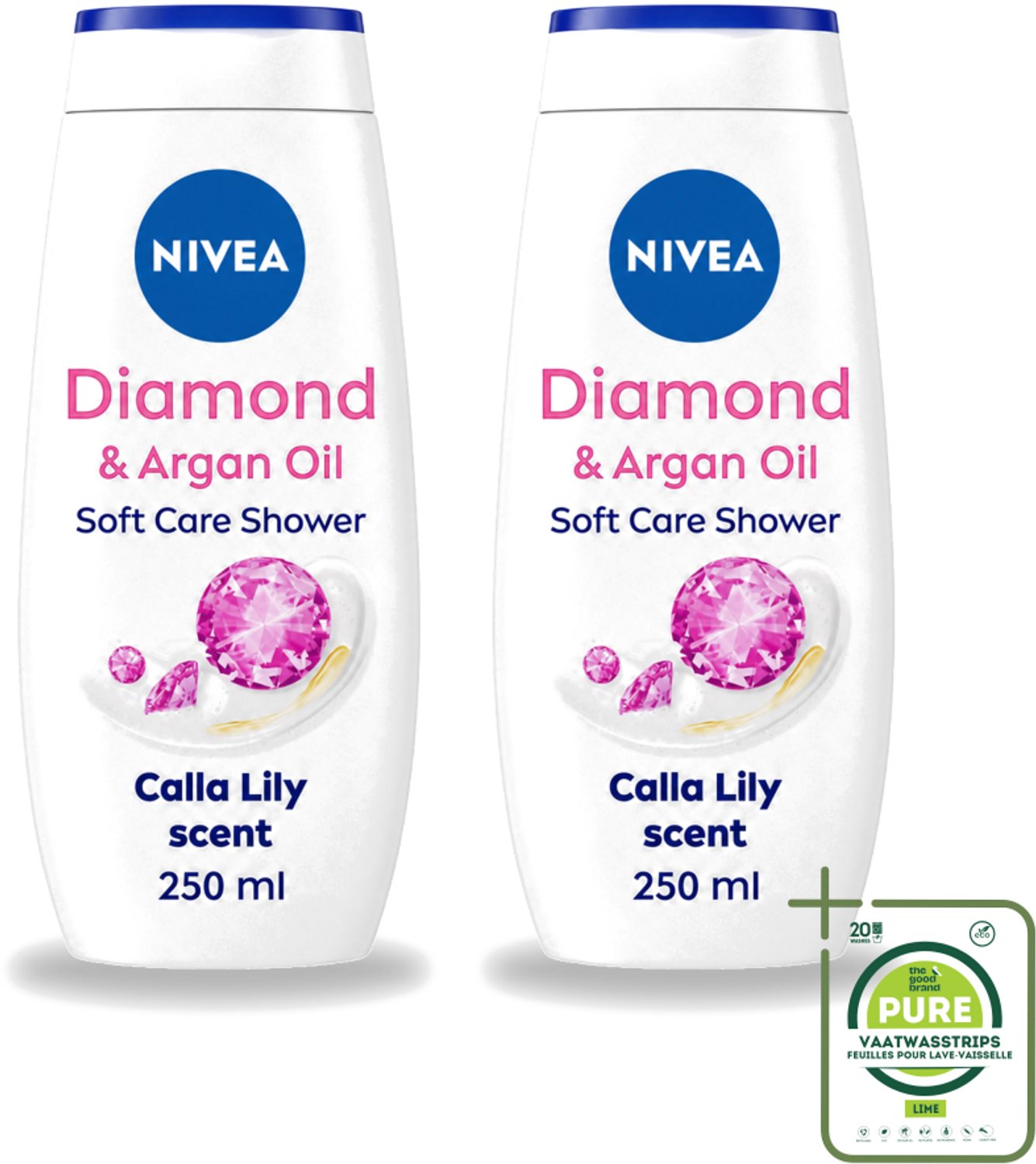 2 x Nivea - Diamond Touch Douchegel - Sensuele Leliegeur - 250 ml - Grootverpakking - Vaatwasstrips - Douchegel - Diamantpoeder - Witte Aronskelk - Hydratatie - Luxe Douchegel