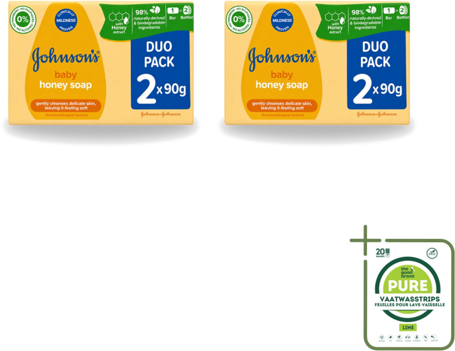 2 x Johnson's - Baby Honey Soap - Zacht - Reinigt Gevoelige Huid - 2 x 90 g - Grootverpakking - Vaatwasstrips - Babyhuid Reinigen - Honing Zeep - Gevoelige Huid - Zachte Zeep - Baby Zeep