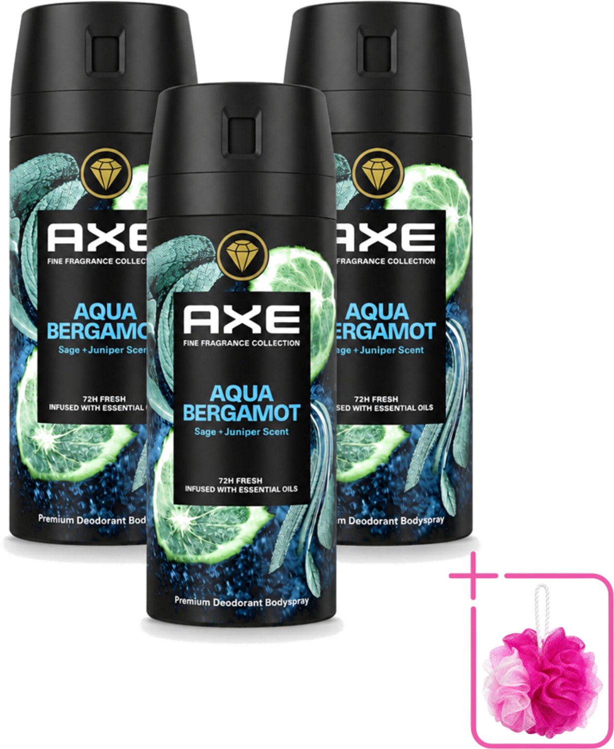 3 x Axe - Deodorant Bodyspray - 72hrs Fresh - Aqua Bergamot - Sage & Juniper - 150 ml - Bulkverpakking - Deodorant - Douchemop - Bodyspray