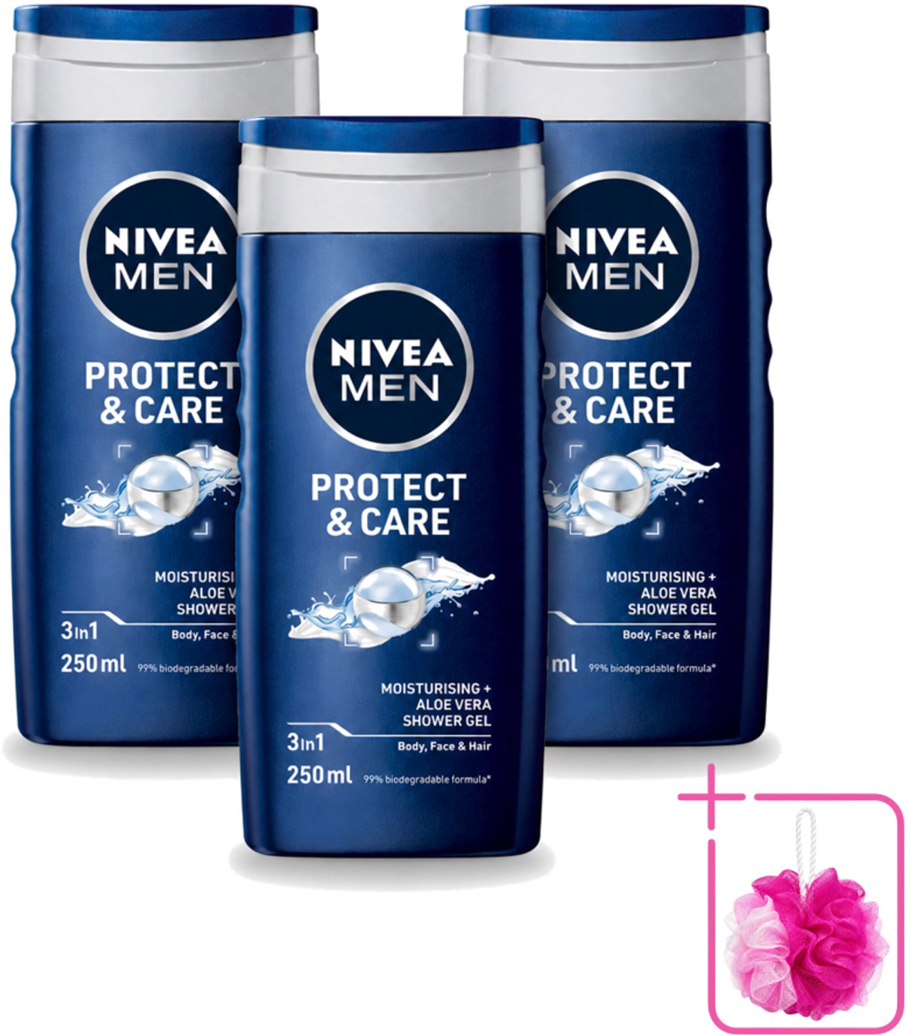 3 x Nivea - Men - Douchegel - Protect & Care - Met Aloe Vera 250 ml - Bulkverpakking - Douchegel voor mannen - Douchemop - Aloë vera douchegel