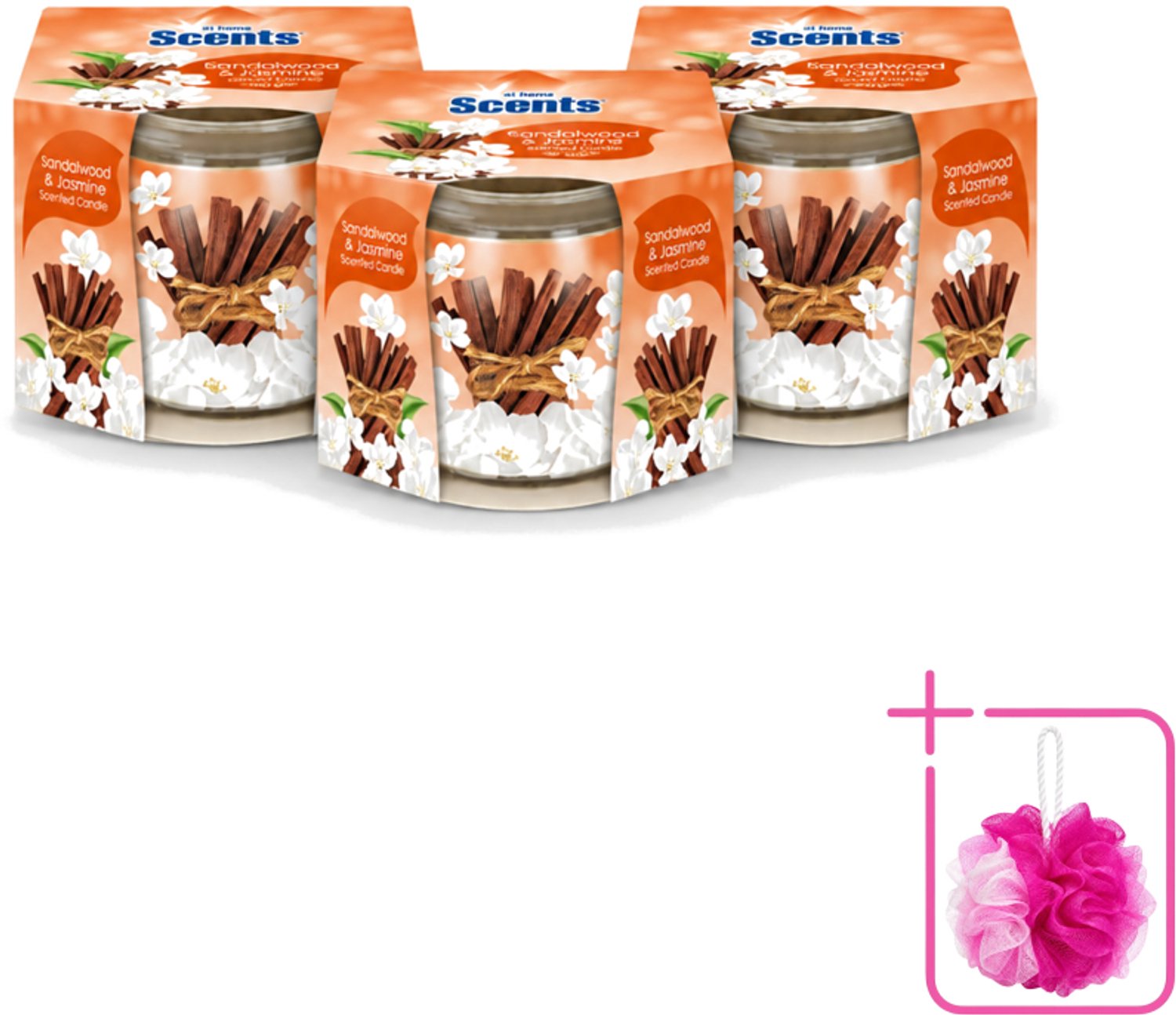 At Home 3 x At Home - Scents - Geurkaars - Sandalwood & Jasmin - 70 g - Bulkverpakking - Geurkaars - Douchemop - Sandelhout Bruin