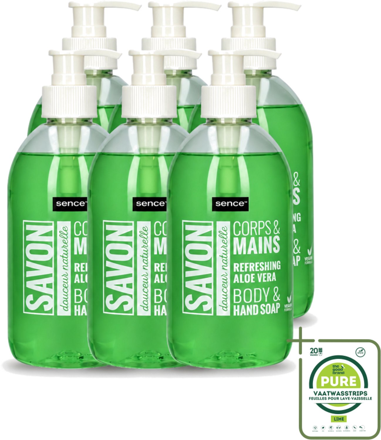6 x Sence - Refreshing Aloe Vera - Handzeep - Savon - 500 ml - Grootverpakking - Vaatwasstrips - Aloe Vera Handzeep - Handverzorging - Frisse Handen - Hydraterende Handzeep - Mild Handzeep