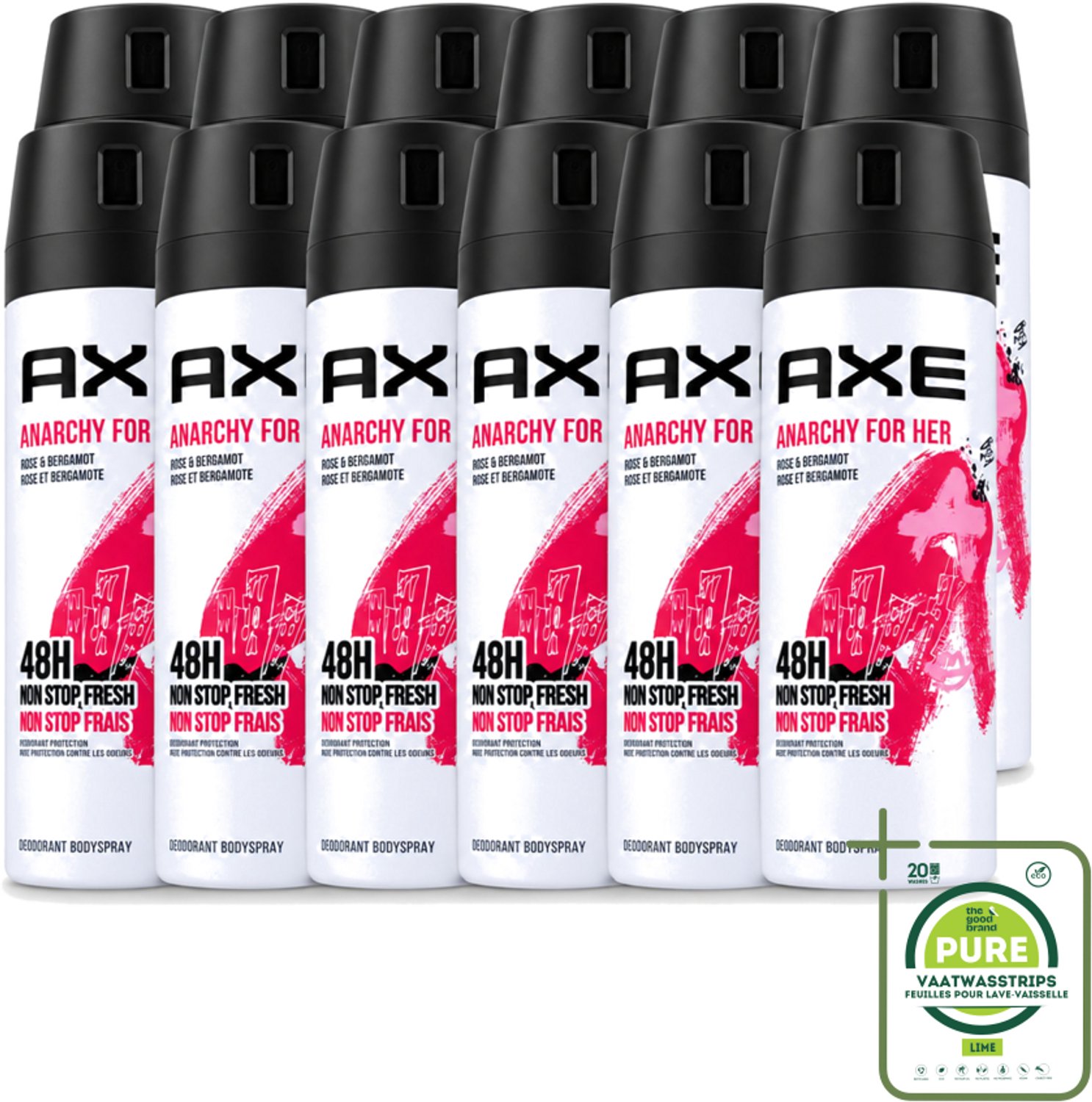 12 x Axe - Deodorant Bodyspray - 48hrs Non Stop Fresh - Anarchy For Her - Rose & Bergamot - 150 ml - Grootverpakking - Vaatwasstrips - Deodorant - Geur - Roos - Bergamot - Vrouwelijkheid