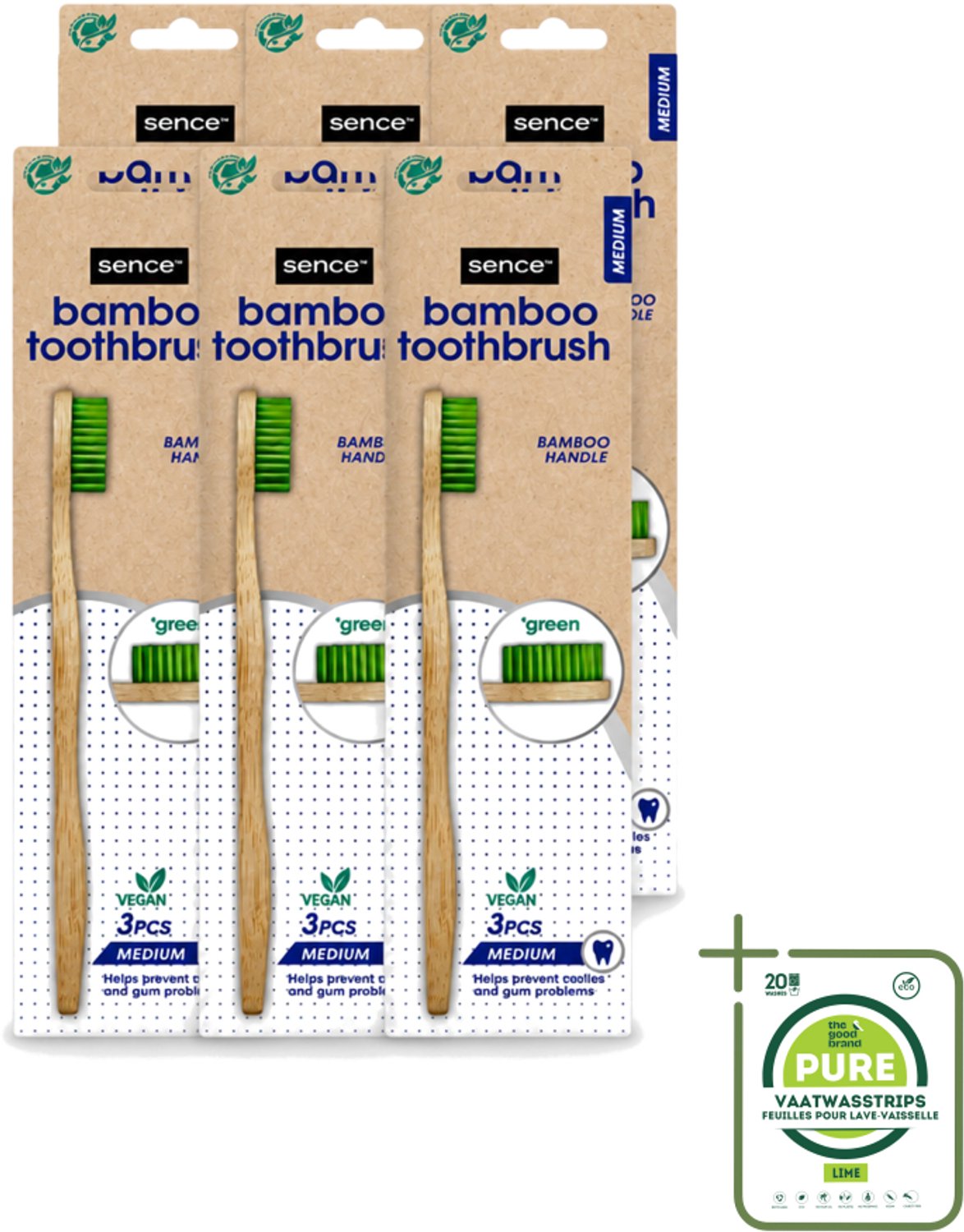 6 x Sence - Bamboo - Tandenborstels - Medium - Set van 3 - Groen - Grootverpakking - Vaatwasstrips - Tandenborstel - Duurzaamheid - Bamboo - Mondverzorging - Vegan