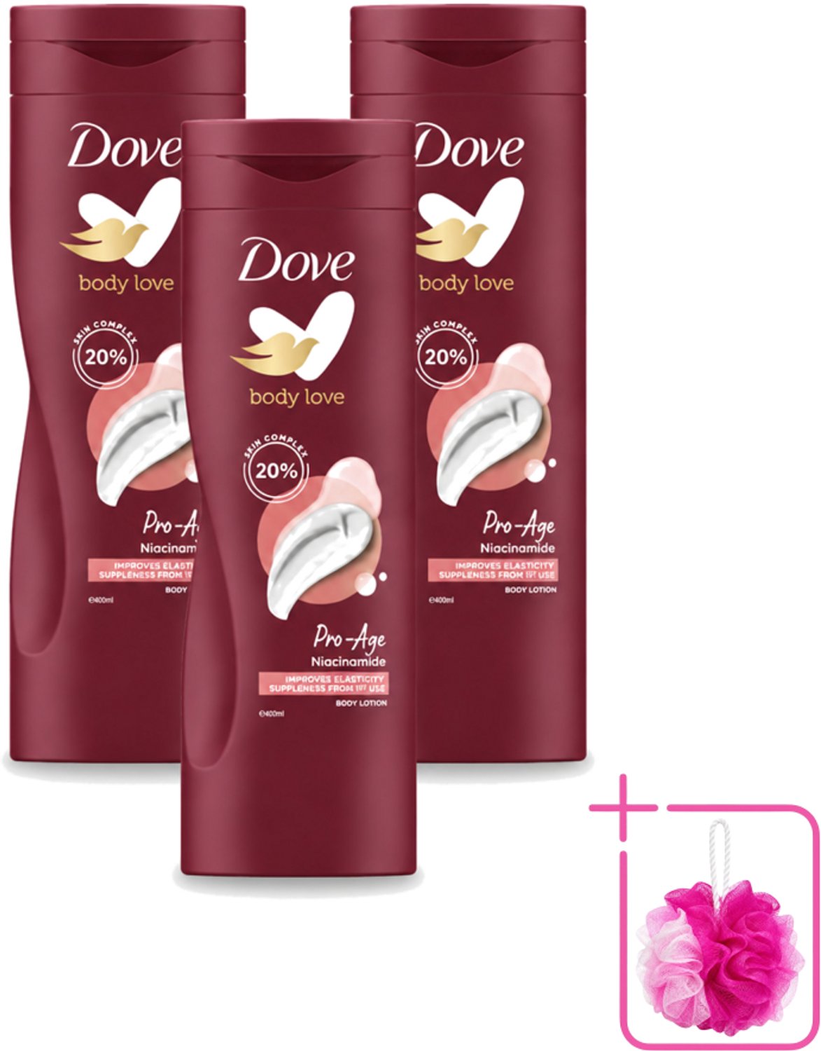 3 x Dove – Bodylotion – Body Love Pro Age – 400 ml - Bulkverpakking - Hydratatie huid - Douchemop - Bodylotion voor rijpere huid