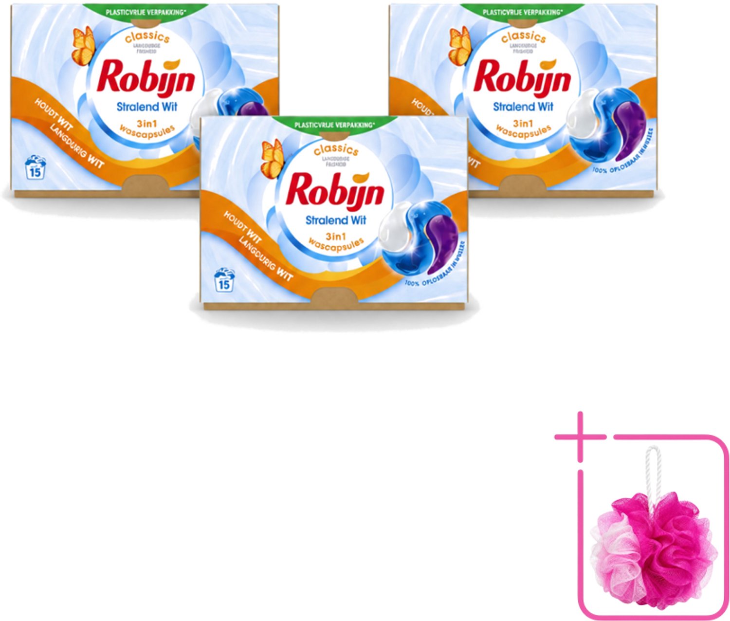 3 x Robijn – 3-in-1 Wascapsules – Stralend Wit – 15 capsules - Bulkverpakking - Wit was - Douchemop - Stralend Wit