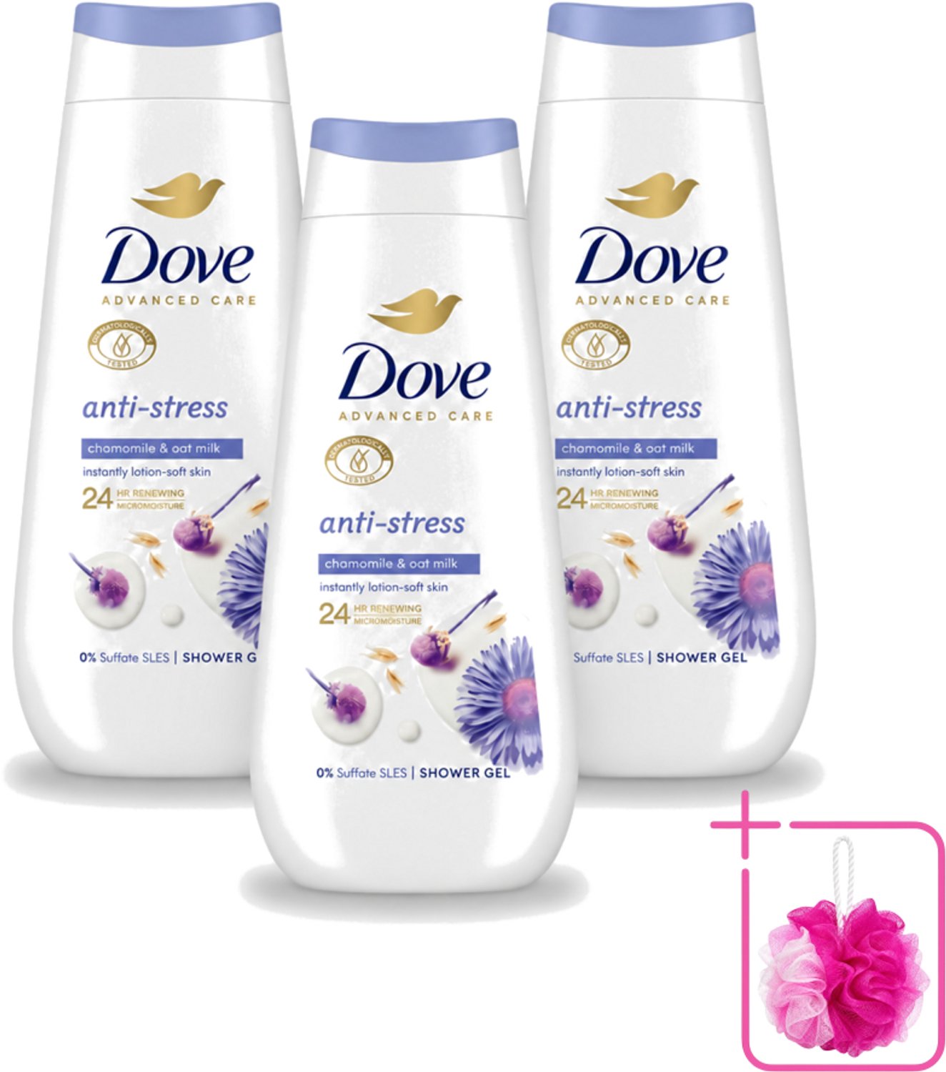 3 x Dove – Douchecrème – Anti-Stress – 225 ml - Bulkverpakking - Douchecrème anti-stress - Douchemop - Ontspannende douchecrème