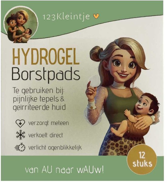 Verpakking 123Kleintje hydrogel borstpads voor pijnlijke tepels met illustratie van moeder en baby, 12 stuks.