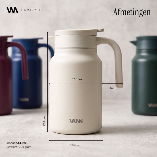 VANN® 3-wandige RVS Thermoskan 1.5L – Isoleerkan – Schenkkan met Drukknop – Voor Koffie, Thee, IJswater & Meer – VANN® Family Jug – Zwart — cadeau in Koken & Dineren - foto 4