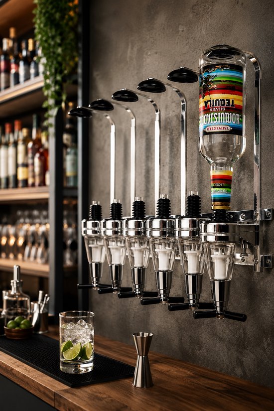 Zes chromen drankdispensers met zwarte hendels, aan de muur gemonteerd boven een houten bar met een glas met limoen.