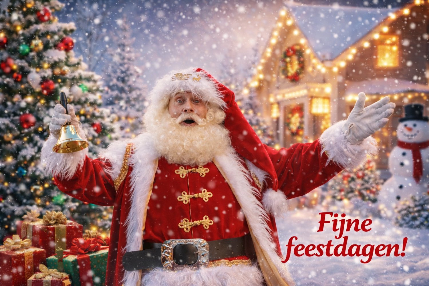 Kleintje fotografie Kerstman in de sneeuw fijne feestdagen feestelijke wenskaart