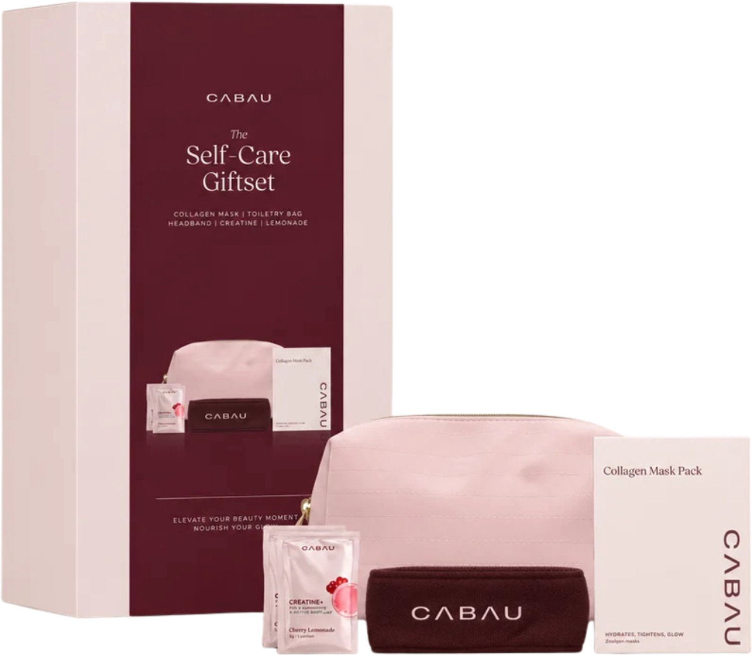 Cabau - Self-Care Giftset - 4-delige Cadeauset met Collageenmasker, Toilettas, Haarband & Creatine+ - Self-Care Pakket voor Vrouwen
