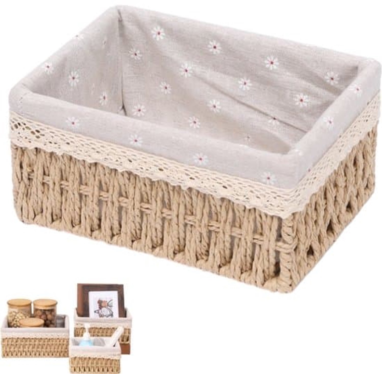 Khaki opbergmand van imitatie rotan (18x12x10 cm) met uitneembare voering.