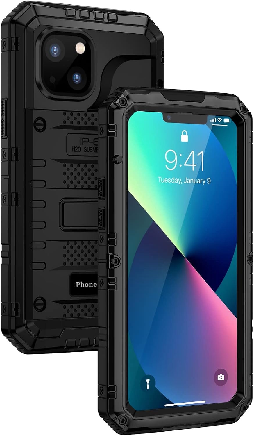 seacosmo Waterdichte hoes voor iPhone 13, militaire standaard, beschermhoes met ingebouwde displaybescherming, schokbestendig, metalen telefoonhoes voor iPhone 13, zwart