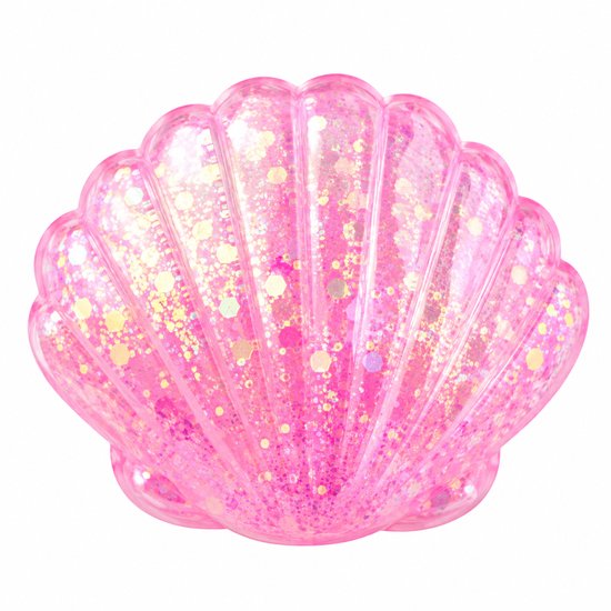 Roze schelp met glitters, transparante gel gevuld met glinsterende deeltjes.