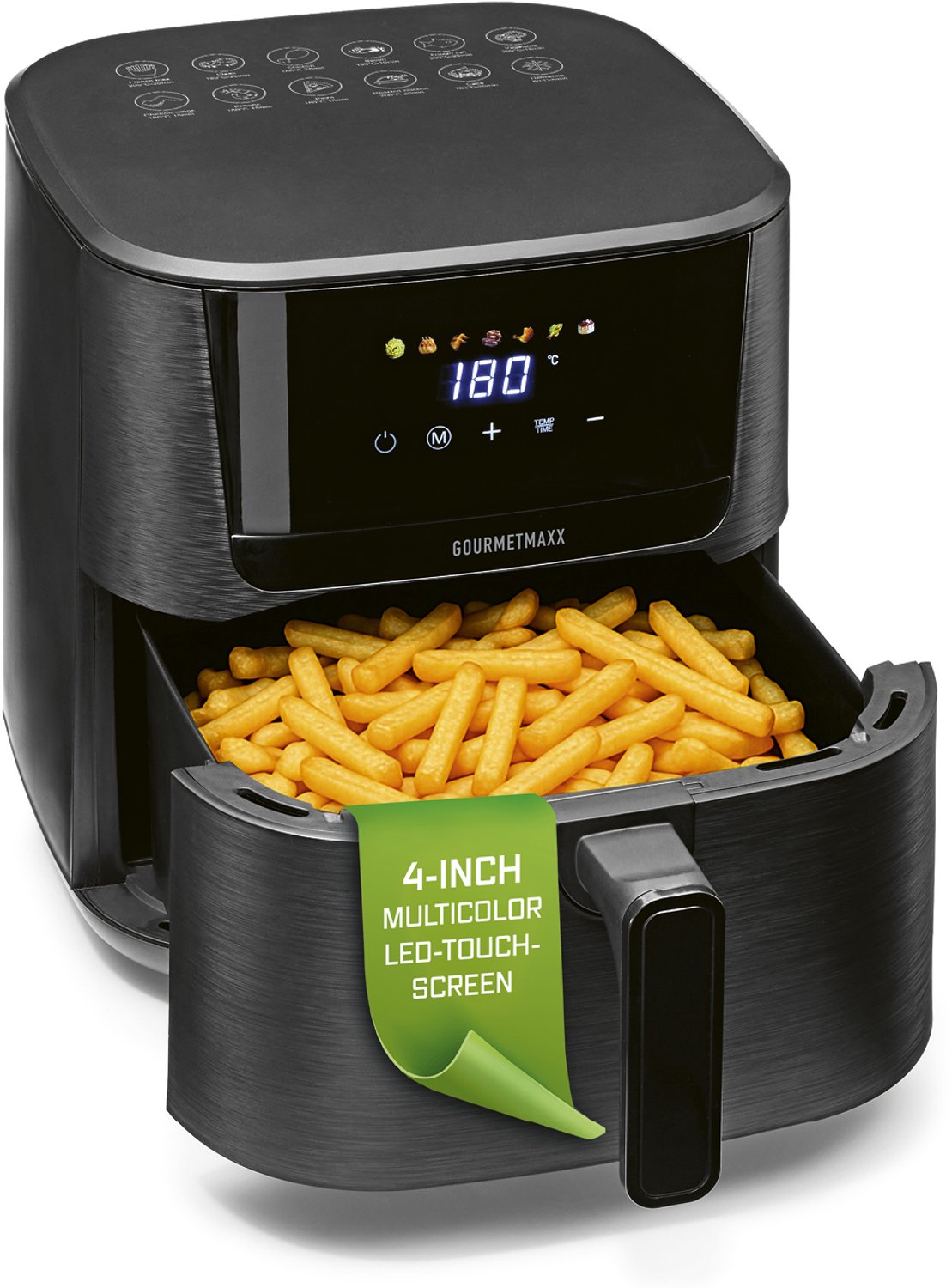 GOURMETmaxx heteluchtfriteuse 6,5 l, airfryer met 7 programma’s, gekleurde pictogrammen, 1600 W, 5 functies, 4-inch multicolor LED-touchdisplay, timer van 60 minuten, 80–200 °C voor friet, kip en dergelijke