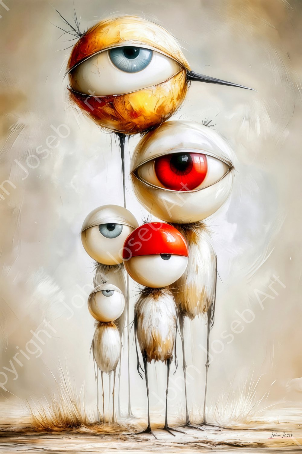 John Joseb Art (Glas) 60x90 | Kleine en grote vogels met een groot oog, humor, abstract, surrealisme, minimalisme, dier, vogel, wit, grijs, bruin, rood, modern | Foto-schilderij-glasschilderij-acrylglas-acrylaat-wanddecoratie Acrylglas, dikte 5 mm